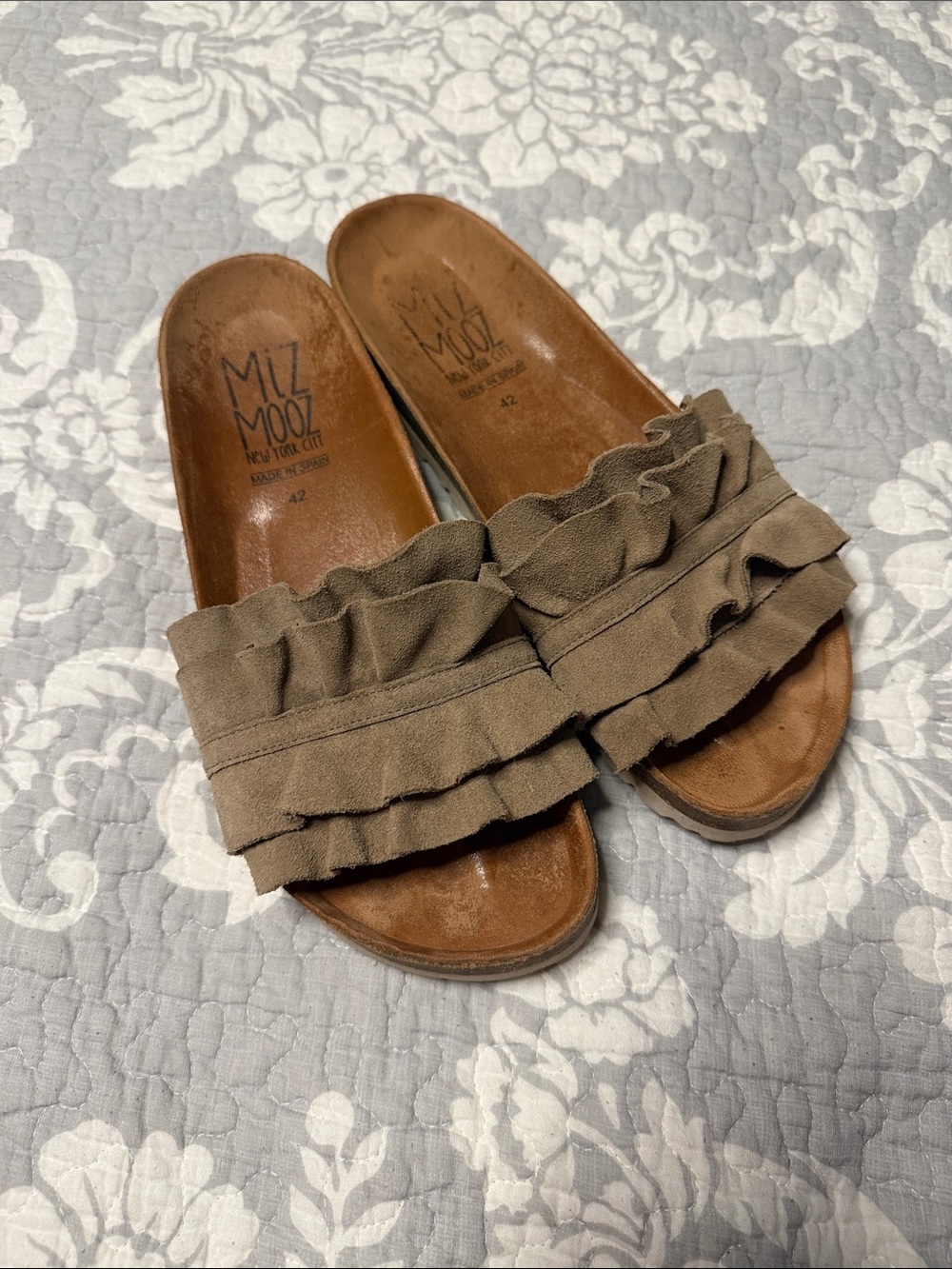 Miz Mooz Taupe Ruffle Slide Mules